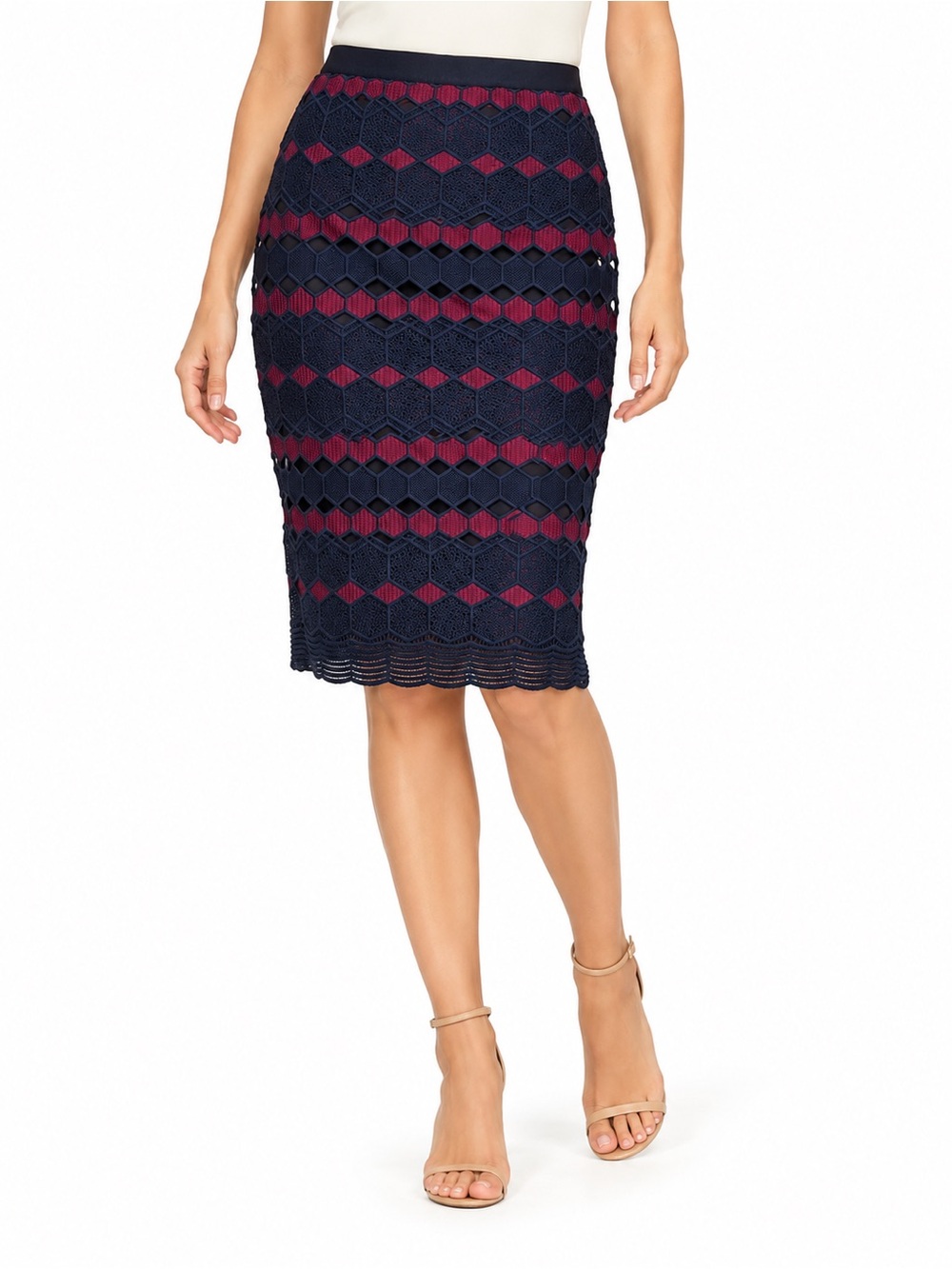 Etcetera Irina Lace Pencil Skirt Size 6 Navy Burgundy NWT $248
